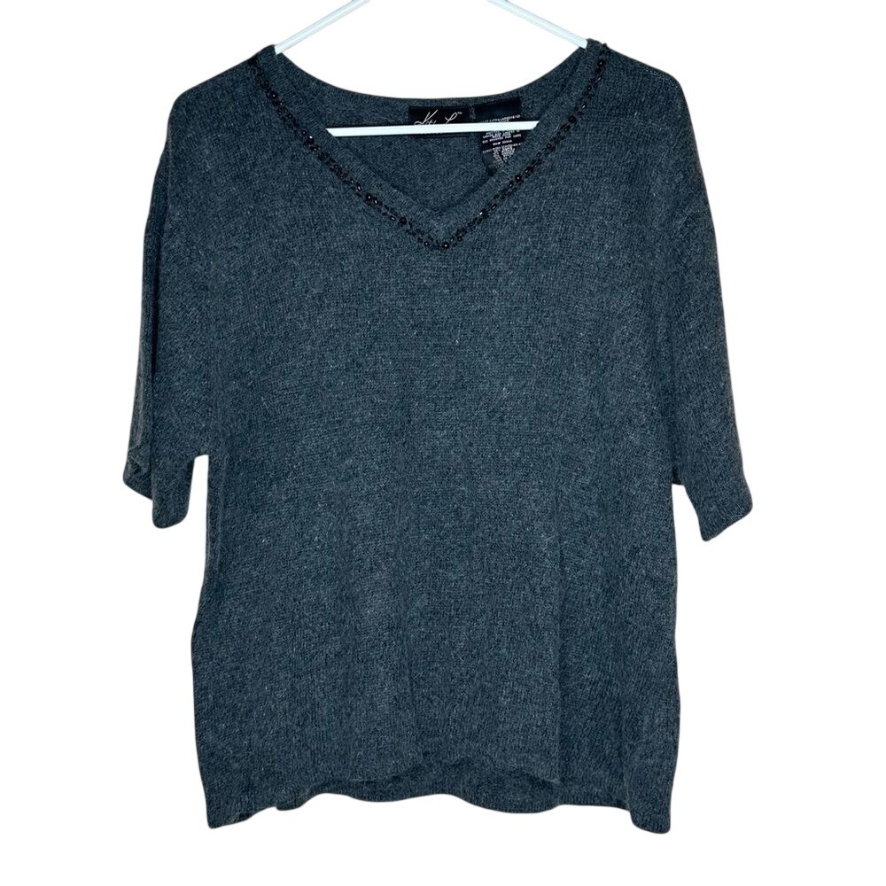 Kathie Lee Collection Gray Angora Blend Beaded V-Neck Sweater NWT XL whimsical‎